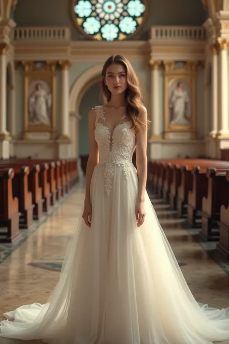 A beautiful women, facing in front, wearing a formal white dress, at the church 