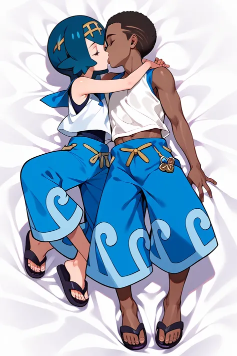 1girl, lana (pokemon),  2default2, yellow hairband, swimsuit under clothes, blue swimsuit, white shirt, sleeveless shirt, baggy pants, blue pants, blue sailor collar, sandals, wave pattern pants, sex, missionary, 1boy, 1girl, kiss, couple, hetero male,  in...