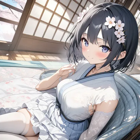 pale colour,anime、One high school girl、Black Eye、happy smile、blush、 black hair、( short hair )、(Small breasts),(white thigh high:1.2)、beautiful thighs,white flower pattern、stand、Japanese-style room、cherry blossoms、blue sky、( perfect anatomy ),( best quality...