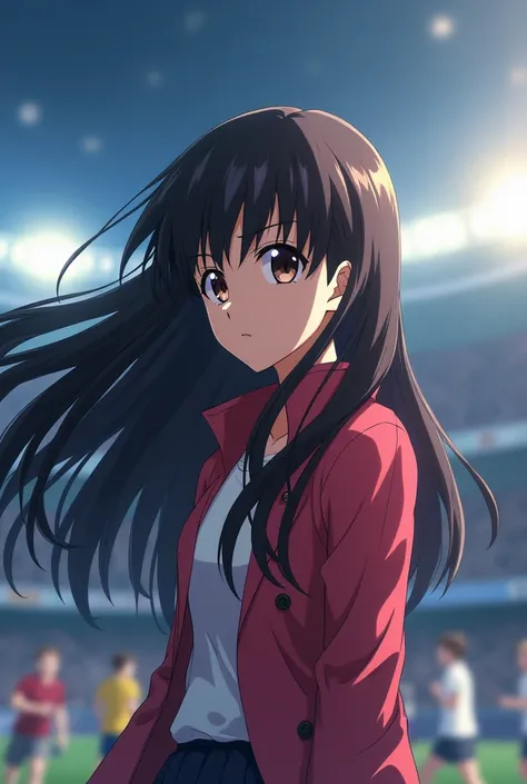 Anime highschool girl long hair black brown eyes competive extreme