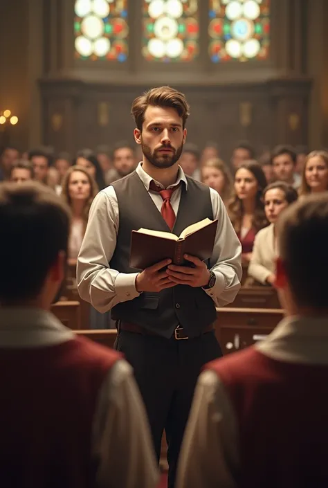 Image of Catechist Carrying Out Catechesis While Holding a Bible Against the Background of Many Catholics ((Realistic, HD Quality)