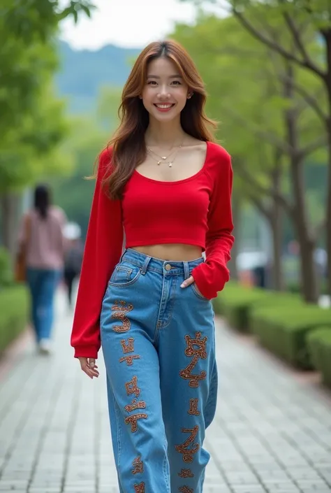  Real photo of a young woman, beautiful, clean face, light brown hair color,wearing modern Korean style clothes and denim pants in red and bright blue with lots of koci writing motifs, walking in a Japanese city tourist park, focused smiling face, 8k resol...