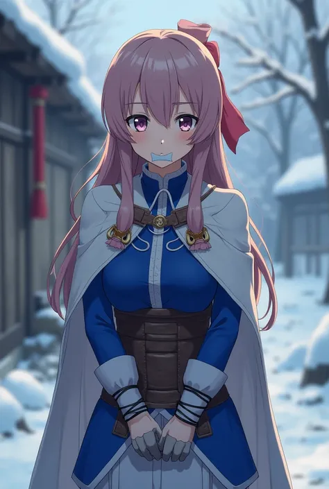 An anime-style medium shot of a hero girl with an adventurer cape, tied up with her hands behind her back. She is wearing a blue long-sleeve shirt and She has her mouth taped shut. She is a heroine. She has boots. 21 years old medieval period winter clothe...