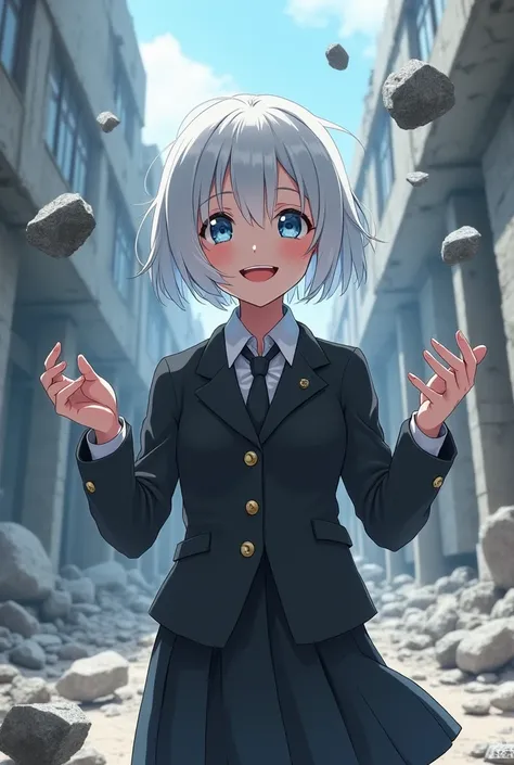 Masterpiece, top quality, highest quality, astral image, high school girl, white hair, short hair, blue eyes, Smiling expression, active character, levitating stones, from forward, ruined city, character focused view, wearing a black school suits 