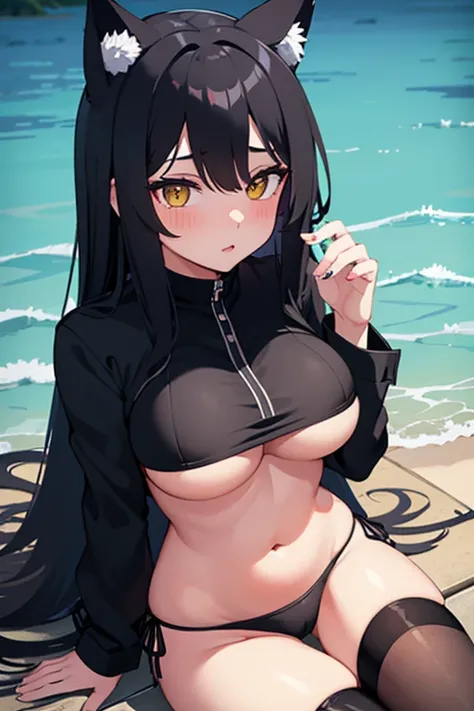 Hot girl, Beautiful long black hair, bright yellow eyes, black bikini, big but medium breasts, big hips, A black jacket with NO panties and long black sheer socks, wolf ears, blush, at a lake