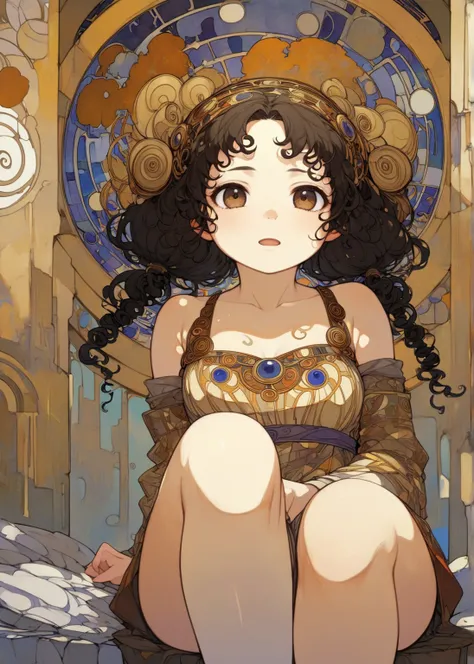 Ancient City Ruins, 1 girl, large head, little fat, smile, half open mouth, brown eyes, forehead, black curly hair, low twintails hair, Decolletage, medium tits, morning, sitting, dynamic cute action, shy, legs, looking away, Gustav Klimt: art-nouveau styl...