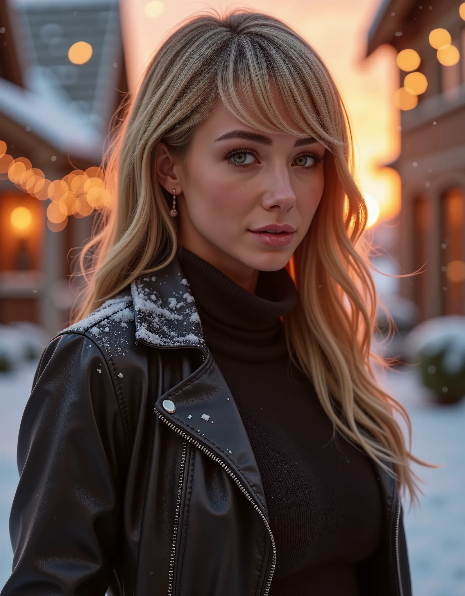 sara jean underwood, gorgeous woman wearing a turtleneck sweater and a leather jacket, blonde hair, winter, whimsical, intricate...