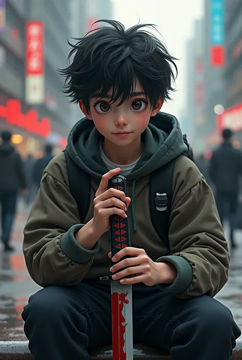 An AI person, teen boy , with a blooded katana, little smile on his face, scared, looking to katana, big eyes,heart shaped face, sitting on a bank in overcrowded bridge, portrait, best quality