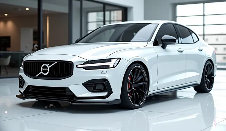 Front side view of painted white with shiny clour 2025 Volvo S60 sleek in large shape sedan in large size with Volvo logo on its large detailed grille in shiny white clour with angular sporty design captured from Front side view with modified sleek Front L...