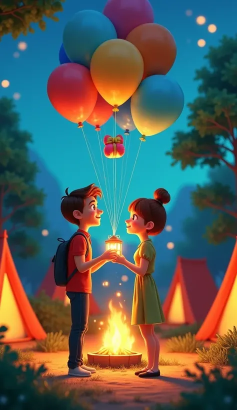 A charming animated campground filled with colorful tents, cozy campfires, and vibrant trees. Above the couple, balloons float with surprise gifts attached—small lanterns, magical trinkets, or plush items. The couple exchanges gifts playfully while the bal...