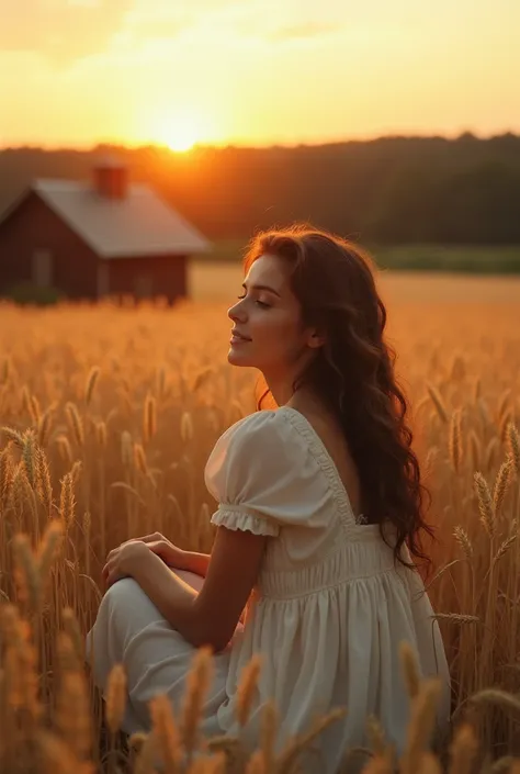 Create a picture,  where the girl is sitting in a field of wheat at dawn,  you can see a wooden house ,  The girl is dressed in a gentle light dress ,  she looks at the sunrise , in the distance you can see a forest , the girls age is 19 years old , her fa...