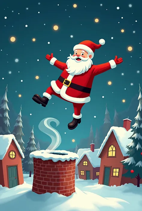 Santa Claus falling from the sky into a chimney 