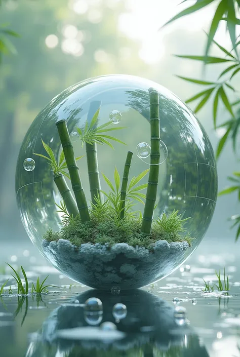 Surreal object with mirrors, bubbles and bamboo

