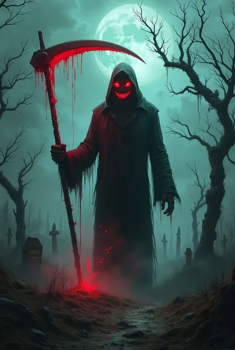 (best quality,4k,8k,highres,masterpiece:1.2),ultra-detailed,realistic:1.37,dark soul boss style,Lovecraftian horror,haunted field background,sinister smile,scythe weapon,glowing red eyes,fantasy corrupted farmer outfit,energy cracking around body,battle au...