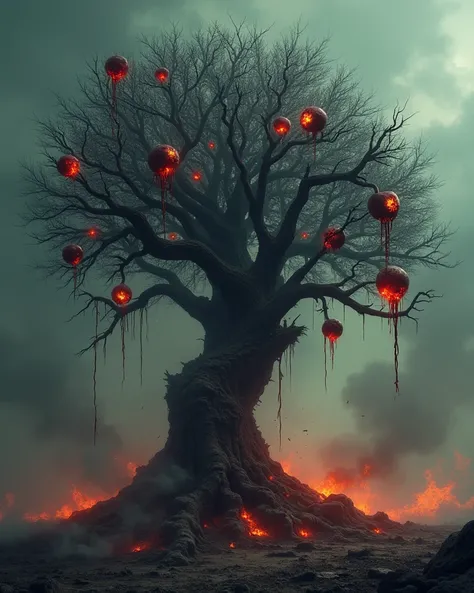 A hauntingly vivid representation of the cursed tree of Zaqqum, its twisted branches and gnarled roots sprouting grotesque, thorny fruits. The fruits, dark and foreboding, ooze with a fiery, molten-like substance, symbolizing torment and suffering. The tre...