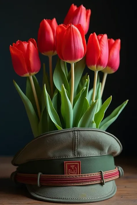 Red Tulips Caught Inside an Iranian War Hat