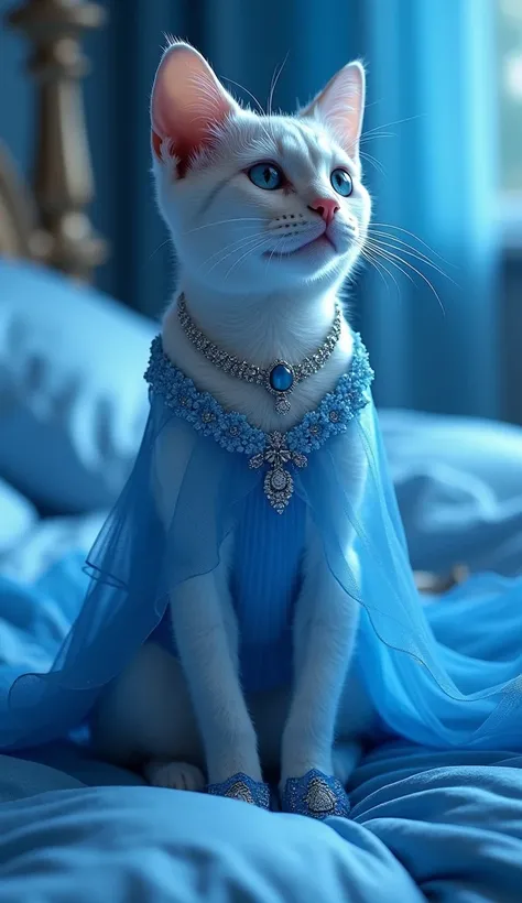 Cat in Blue dres blue shoes jewelry bed every thing is blue color 
