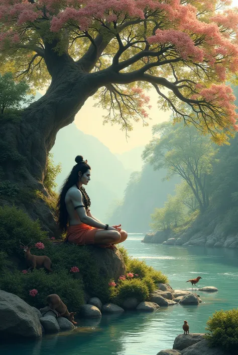 Lord Shiva and Mata Parvati sitting under a blooming tree by a flowing river, surrounded by wildlife. The scene emphasizes living in harmony with nature, inspiring viewers to appreciate and protect the world around them.