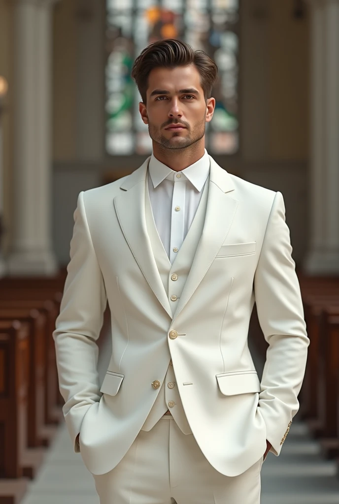 A handsome man , facing in front, wearing a formal white suit, have a blurry background at the church 