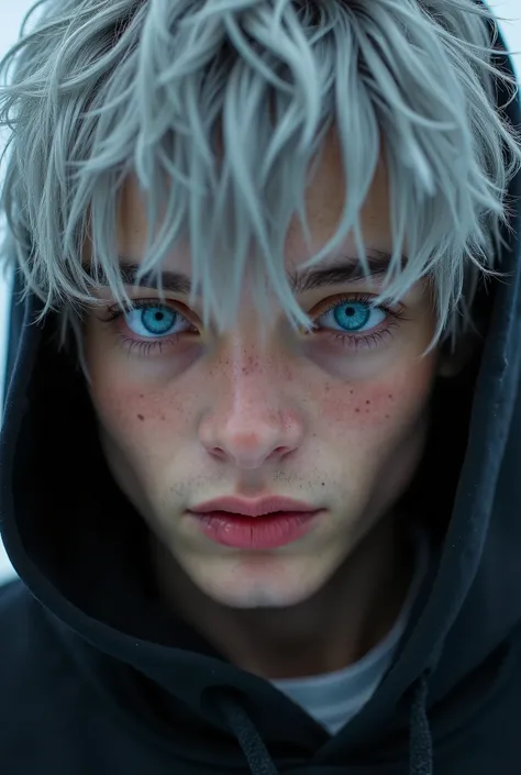 (Close-up of a better masterpiece:1.5)0.9],(Messy silver hair:1.1) (Heterochromia xanthochromia and blue eyes:1.2) (Colored stars in the eyes:1.0) (A radiant glow:1.1) (thick lips:0.9) make him weared the black hoodiee