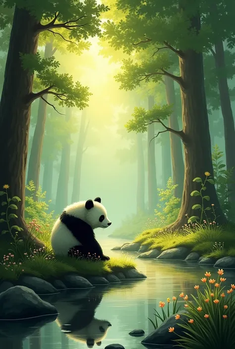 "A serene forest filled with tall trees and sunlight streaming through. A vlogger spots a weak, lonely panda sitting near a stream."
