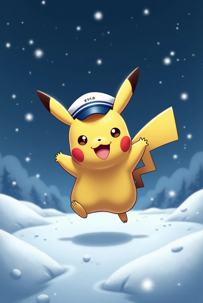  A Pikachu wearing a Captain Sailor cap, jumping through the snow at night .
