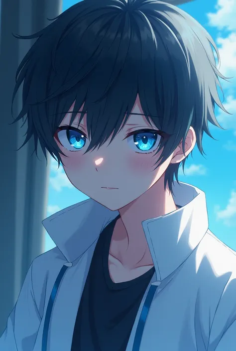 A disillusioned anime masterpiece , sad, angry, happy, patient , makes people not disappointed but when disappointed she is left like a story but you just throw it away easily, Anime style male with different view blank gaze bright blue eyeball white jacke...