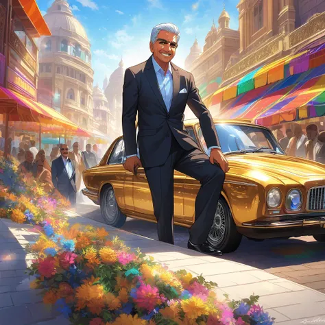 A vibrant Indian marketplace scene in bright colors with a wealthy Indian businessman, around 40 years old, sitting in a luxurious modern car. The man is dressed in an expensive formal suit, wearing gold jewelry, and has a proud expression. The background ...