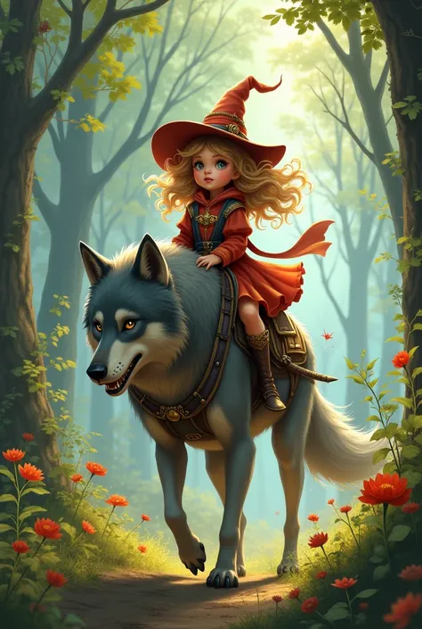  Steampunk 。Wavy 、明るい茶色のふわふわのロングヘアの小さなかわいい魔女が、A cute little witch with long, fluffy, light brown hair riding on the Demon Wolf and exploring the Magical Forest 。