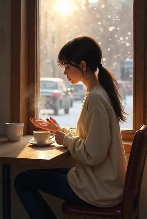 In a quaint cafe bathed in the soft glow of a winter morning, a young woman sits by a window, cradling a steaming cup of coffee. The warmth of the drink contrasts with the cool view outside, creating a peaceful refuge from the bustling city. Her focused ga...