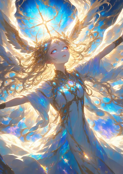  Masterpiece, High Quality, High Resolution, 16k, Animated, Detailed Background, Hyperrealistic, Digital Paint, Dark Fantasy, Heavenly World View, Angel Girl, floating in the air, arms outstretched like Christ, shiny long hair, white eyes, long eyelashes, ...