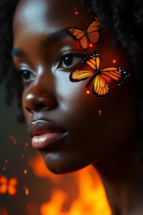 ((best quality)), ((masterpiece)), (detailed),  Perfect Face

I want something with beauty that ends with the feminine sacred with butterflies, ounce,  rivers and fire

The black woman, Sensuality  