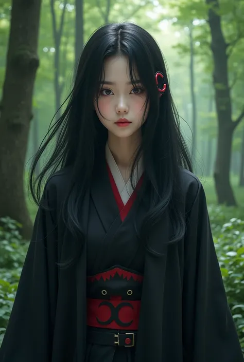  korean girl, 29 years old, cosplay akatsuki in naruto Solo, , Black Hair Masterpiece, HD, , Quality, , High Quality, Masterpiece, Long Hair, background forest