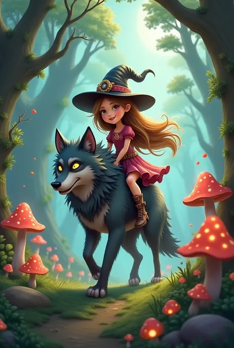  Steampunk 。Wavy 、A cute little witch with long, fluffy, light brown hair、A cute little witch with long, fluffy, light brown hair riding on the Demon Wolf and exploring the Magical Forest 。 cartoon。