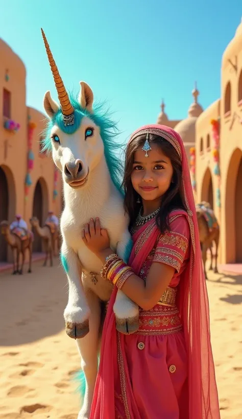 "A magical scene featuring a young girl dressed in traditional Rajasthani attire, holding a fantastical animal resembling a unicorn but with peacock-like feathers and glowing blue eyes. The background is a vibrant Rajasthani village with mud huts, camel ca...