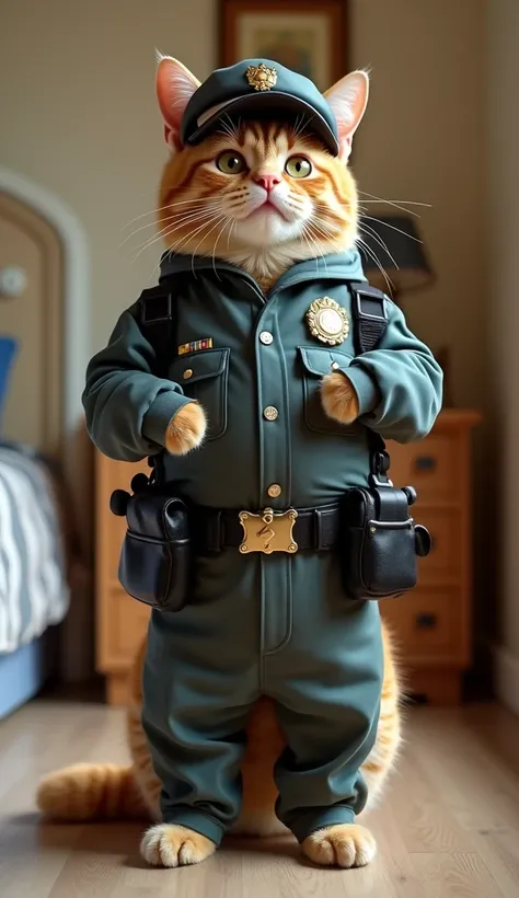 Real Cat　Standing on two legs facing the front while cosplaying as a security guard　 background bedroom