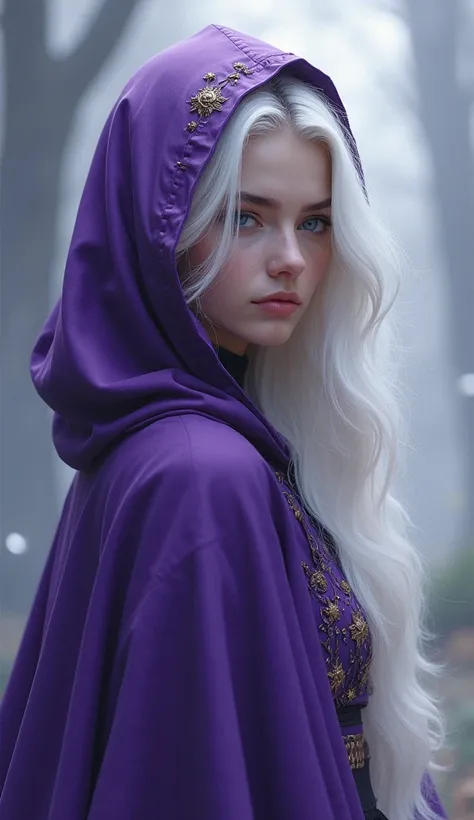  Beautiful girl with white long hair and purple long hood. Fantasy photo  