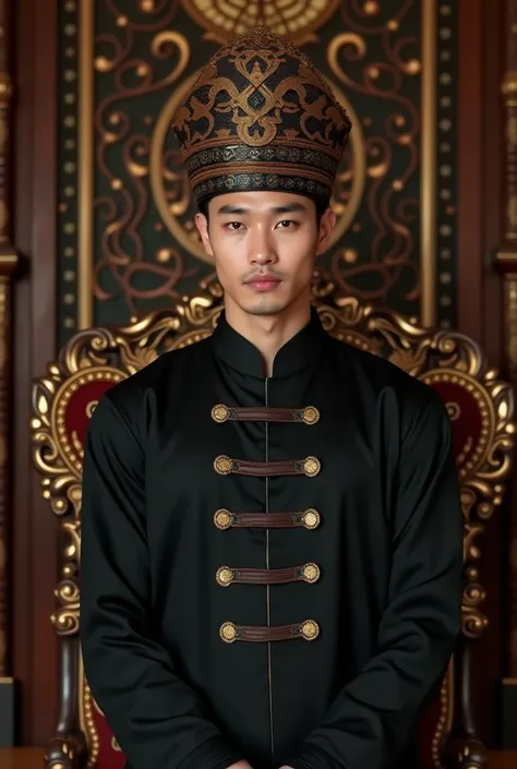 The image shows a Handsome man Korea wearing traditional Indonesian clothing, including a black blouse with gold buttons and a brown, scullcap black, and gold patterned sarong. The background features ornate wooden furniture and decorations, creating a cul...