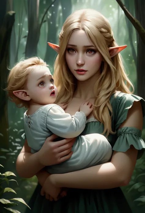 Beautiful elf girl, blonde hair, gteen eyes, holding a baby, scared, realistic, in forest