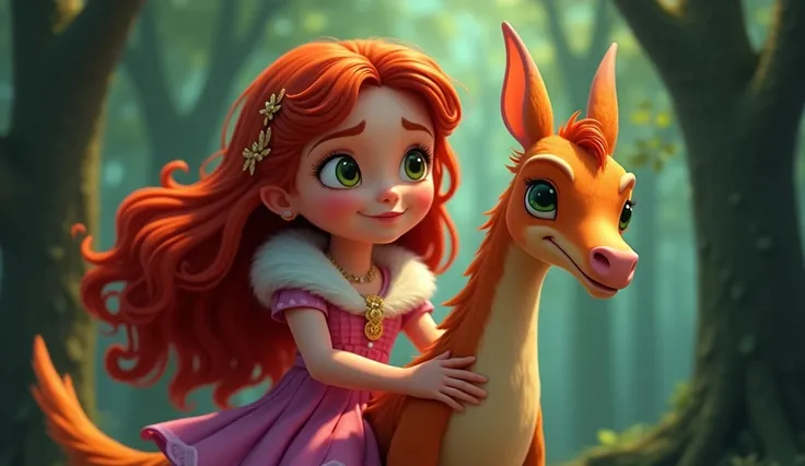  image for a cartoon story Disney-style YouTube video , in Pixar format : A journey through the forest :  card in her arms. A girl with fiery red hair and eyes the color of spring grass,  curious , brave,  loves adventures .  dressed in royal clothes ,  sh...