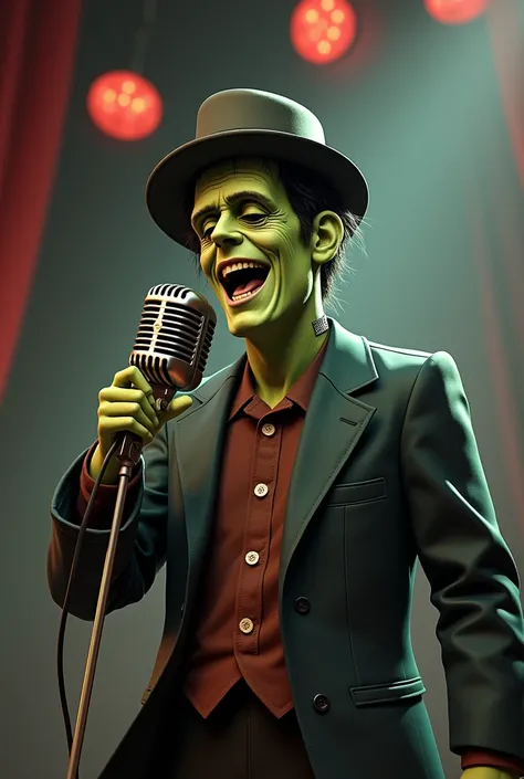 A 50´s masterpiece illustration Frankenstein singing with a 50s microphone and wearing a 50s hat on his head, 6 4k, ultra realistic