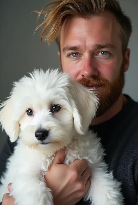 make a man with dark blond hair, big beard and blue eyes about 35, years holding a all white maltipoo dog