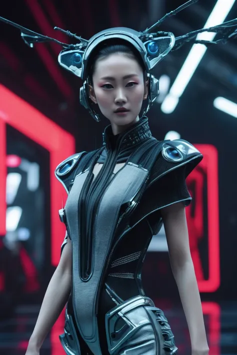 A fashion runway for alien technology , vogue photography , Inspired by Chinese Xianxia and cyberpunk。(Best quality,4K,8K,A high resolution,Masterpiece:1.2), (Realistic,Photorealistic,photo-realistic:1.37).