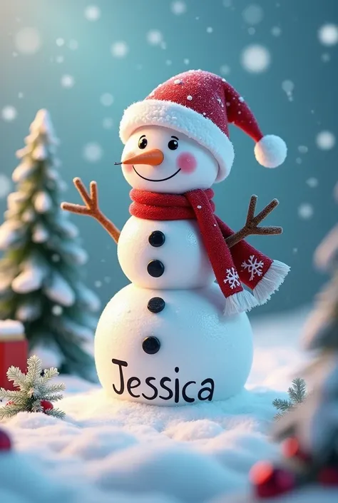 Christmas picture, That shows a Christmas snowman with a slide in the middle, On which the name “Jessica” is written 