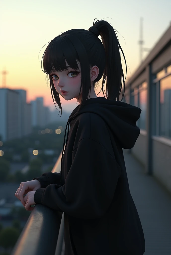  young girl, 24 years old,  Black hair ,  all the hair is in a ponytail without bangs ,  leans on a railing , facing the camera,  in a black hoodie without laces (that hang from the hood ), Its morning outside;,  ultra realistic image,