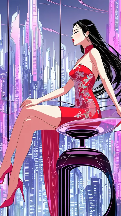 A minimalist line art stilish elegant illustration of a gorgeous long haired oriental woman sitting on a futuristic design high stool , side view, full red lips, in front of a large glass panel, with a view of a colorful futuristic sci fi city . She is wea...