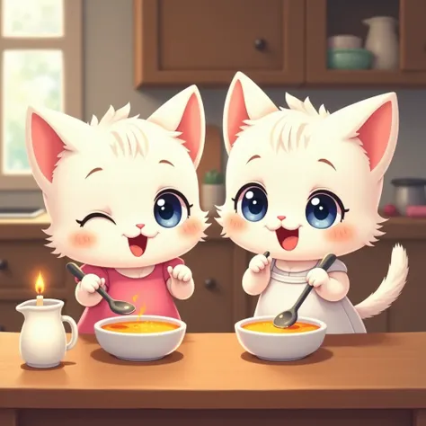 Two adorable, anthropomorphic cartoon kittens are seated at a wooden table in a kitchen setting.  The kitten on left wearing pink dress and the kitten on right wearing white nappe. The kittens are white with large, expressive blue eyes and light pink accen...