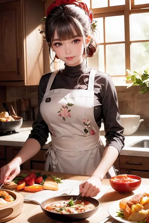 ( best quality,masterpiece:1.2), magazine cover where women are cooking, 1 girl,20 years old,wonderful,cute,Warm smile,hourglass chart,Floral Dress,apron,Food,letter,chart,Magazine Title


