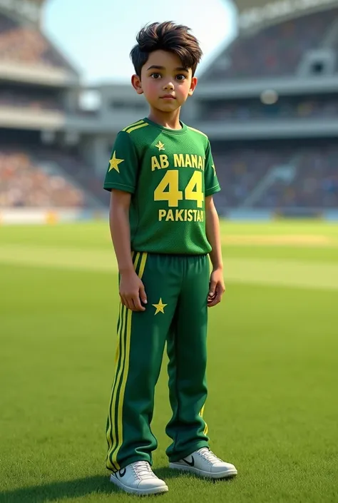 A boy wear Pakistan cricket jersey with name  AB Manan and number is 44 and stand on pitch