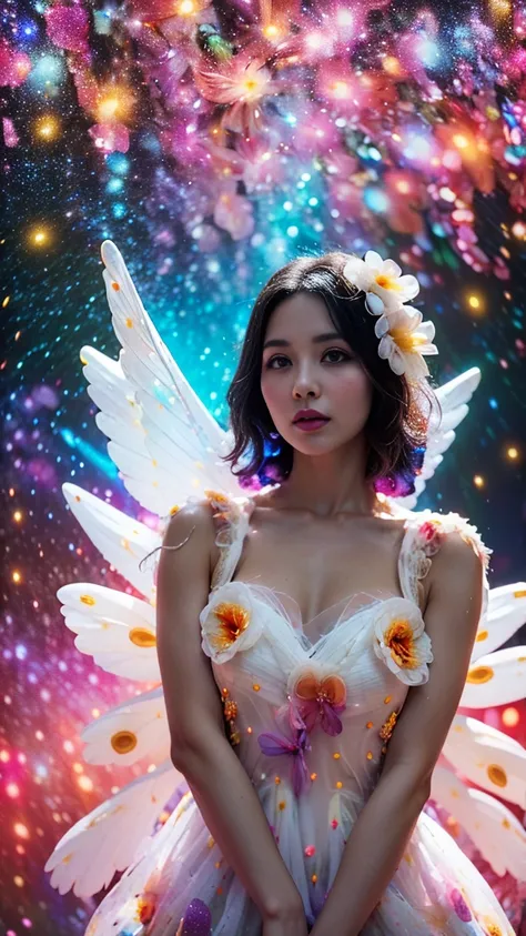 4K ultra high definition, masterpiece, a girl, good face, meticulous eyes, meticulous lips, flower fairy girl, big wings, transparent wings, neon lights, (galaxy background: 1.5), (flower dress: 1.8), (white dress: 1.5), in heaven,